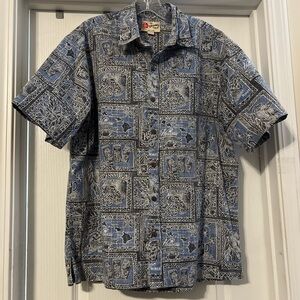 The Hawaiian Original Hilo Hattie Blue and White Patterned Men's Shirt, Lg